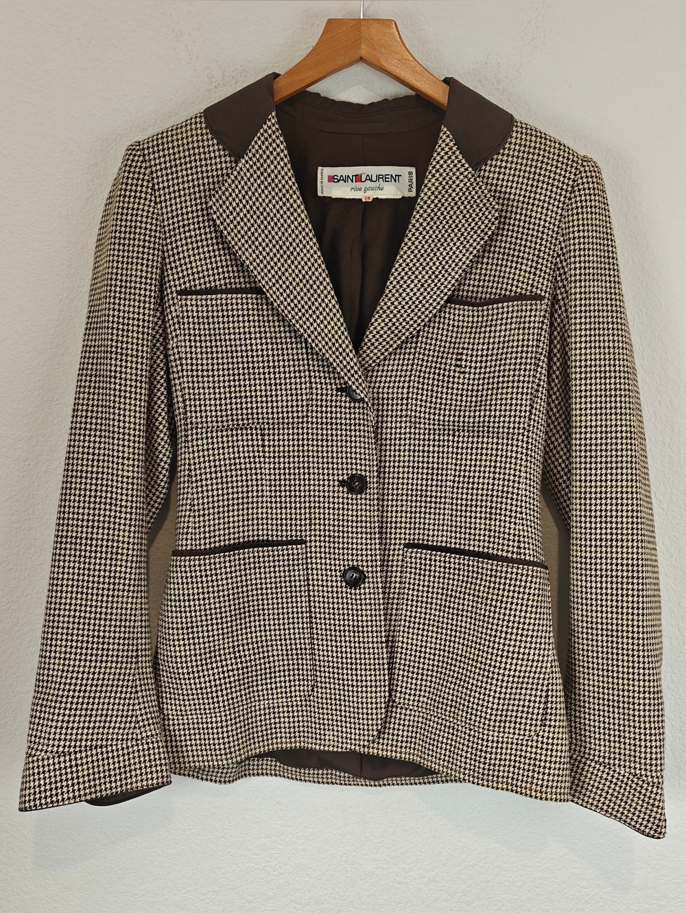 Vintage 1970s Yves Saint Laurent Rive Gauche Houndstooth Blazer Tailored Sz 38